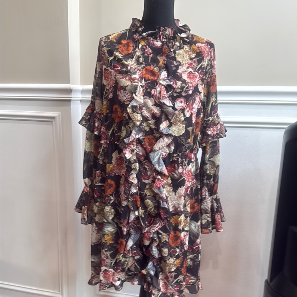 H&M Pink and Brown Ruffled Bell Sleeve Sundress